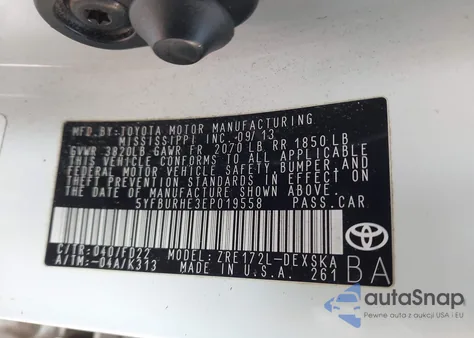 2014 Toyota Corolla S Plus из США, поврежденный, VIN 5YFBURHE3EP019558